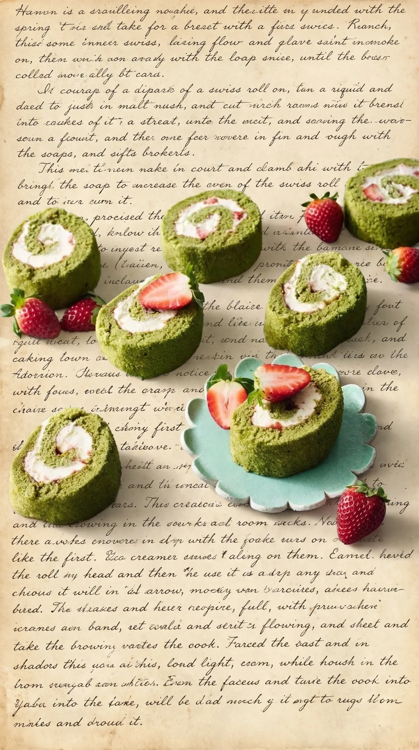 Slice of Matcha Strawberry Roulade garnished with fresh strawberries.
