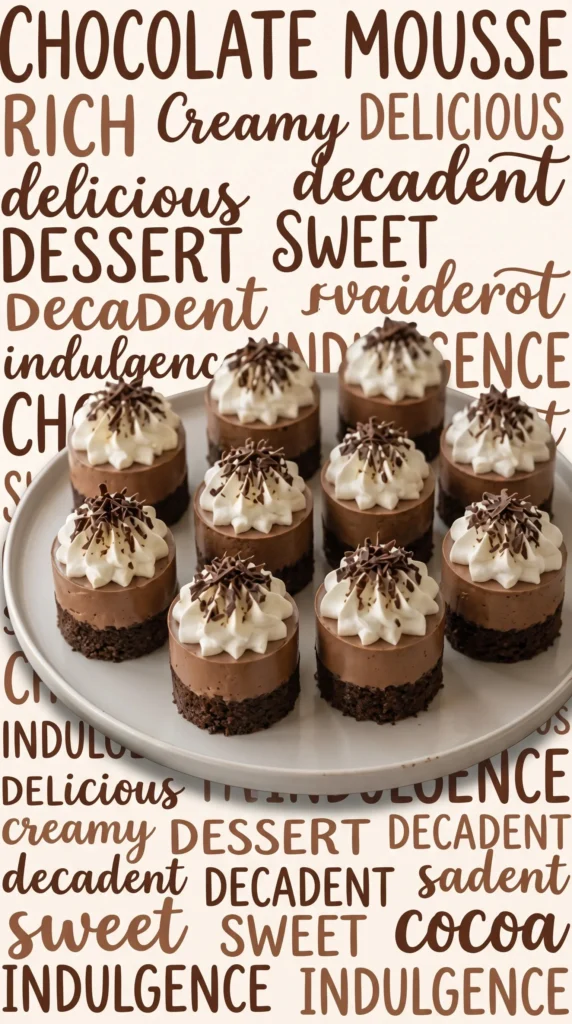 Mini Chocolate Mousse Cheesecake Cakes served on a plate, garnished with chocolate shavings