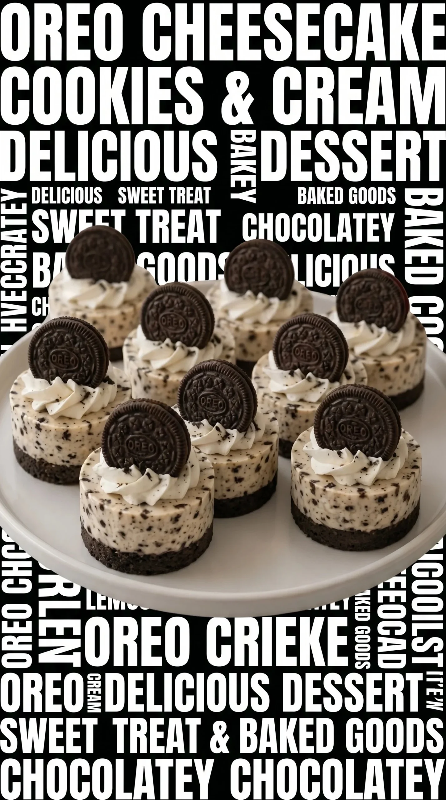 Mini Oreo cheesecakes topped with crushed Oreos and whipped cream