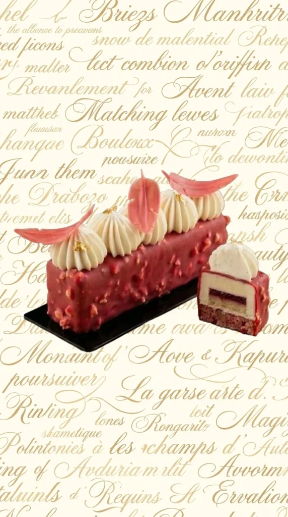 A beautifully designed modern entremet showcasing layers of flavors and textures.