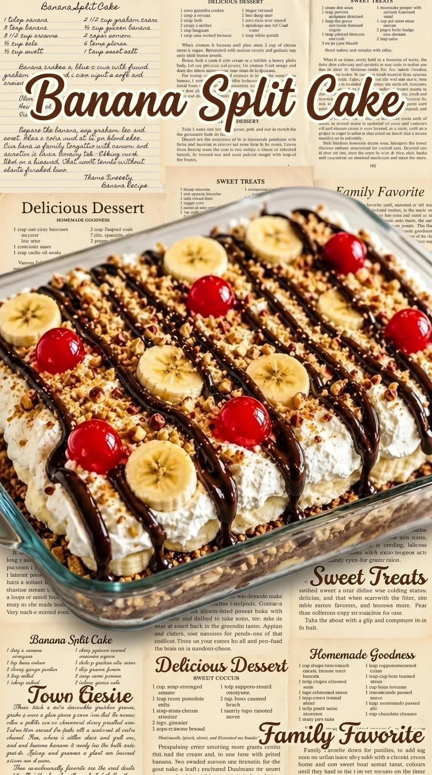 No-Bake Banana Split Cake topped with fruits and whipped cream