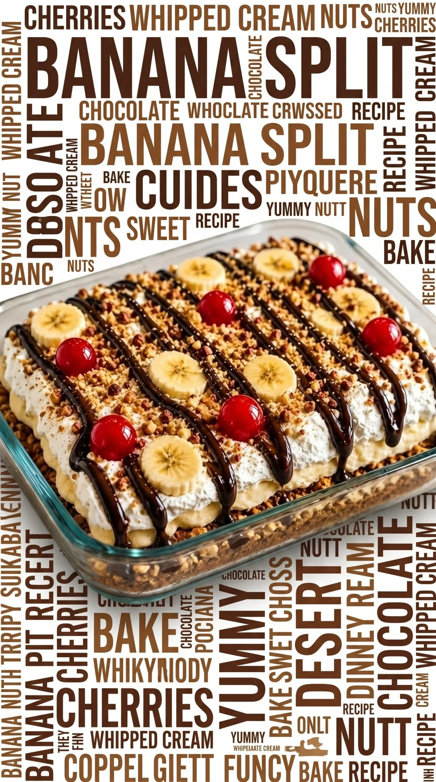 No-bake banana split cake with layers of cream, bananas, and chocolate syrup