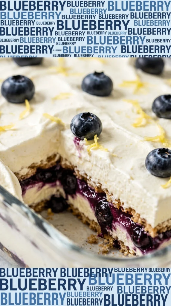 Slice of no bake lemon blueberry icebox cake with fresh blueberries and lemon slices