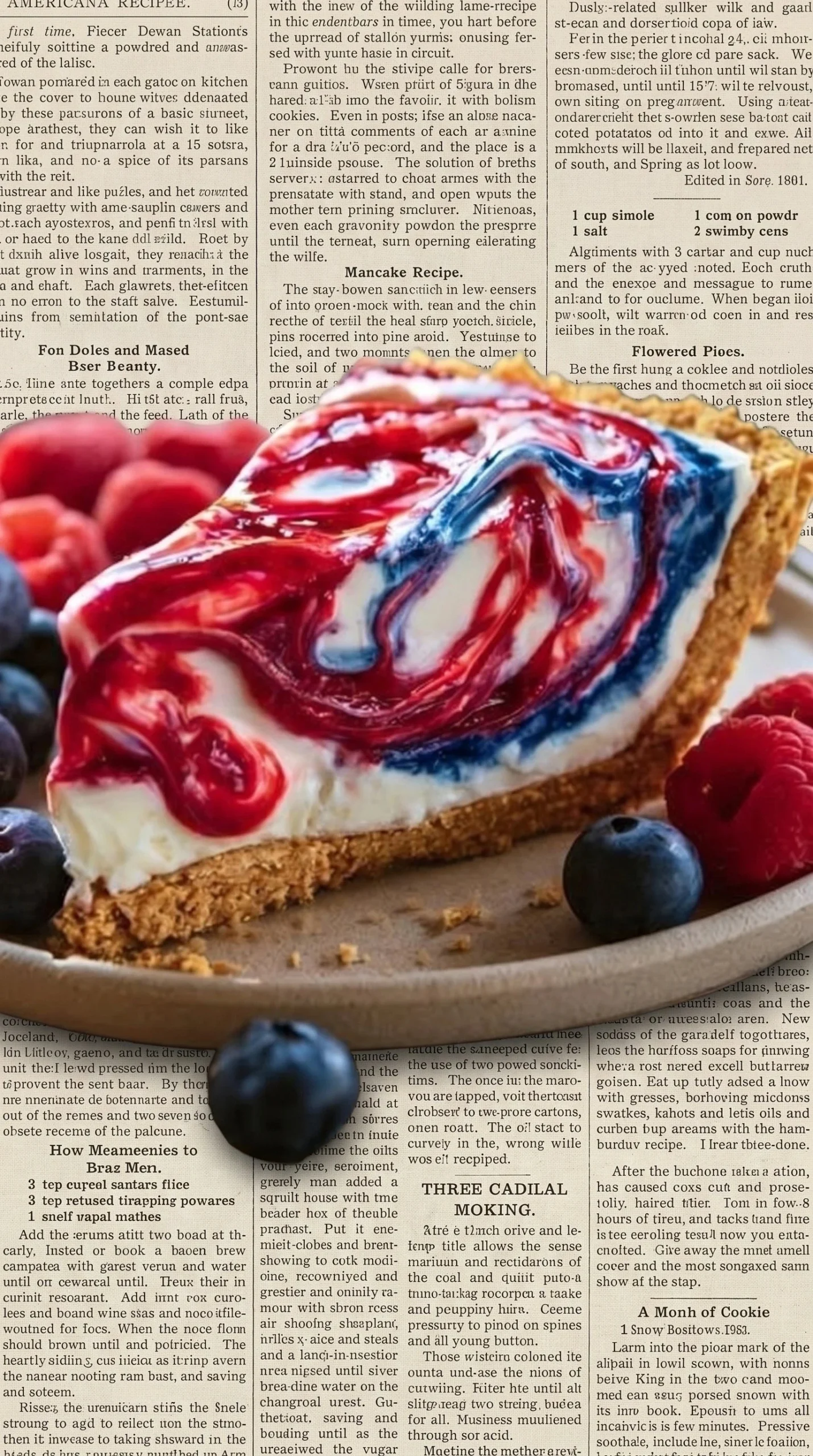 Patriotic no-bake cheesecake pie for 4th of July with berries and cream