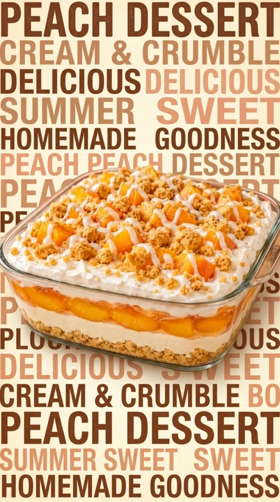 Delicious slice of Peach Cobbler Cheesecake Lush on a plate with fresh peaches.