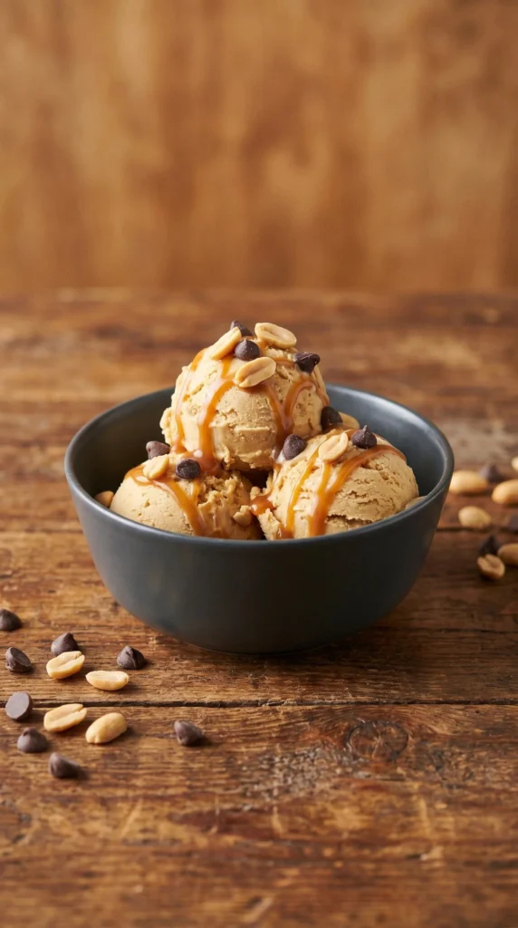 Peanut Butter Greek Yogurt frozen yogurt topped with nuts and chocolate drizzle