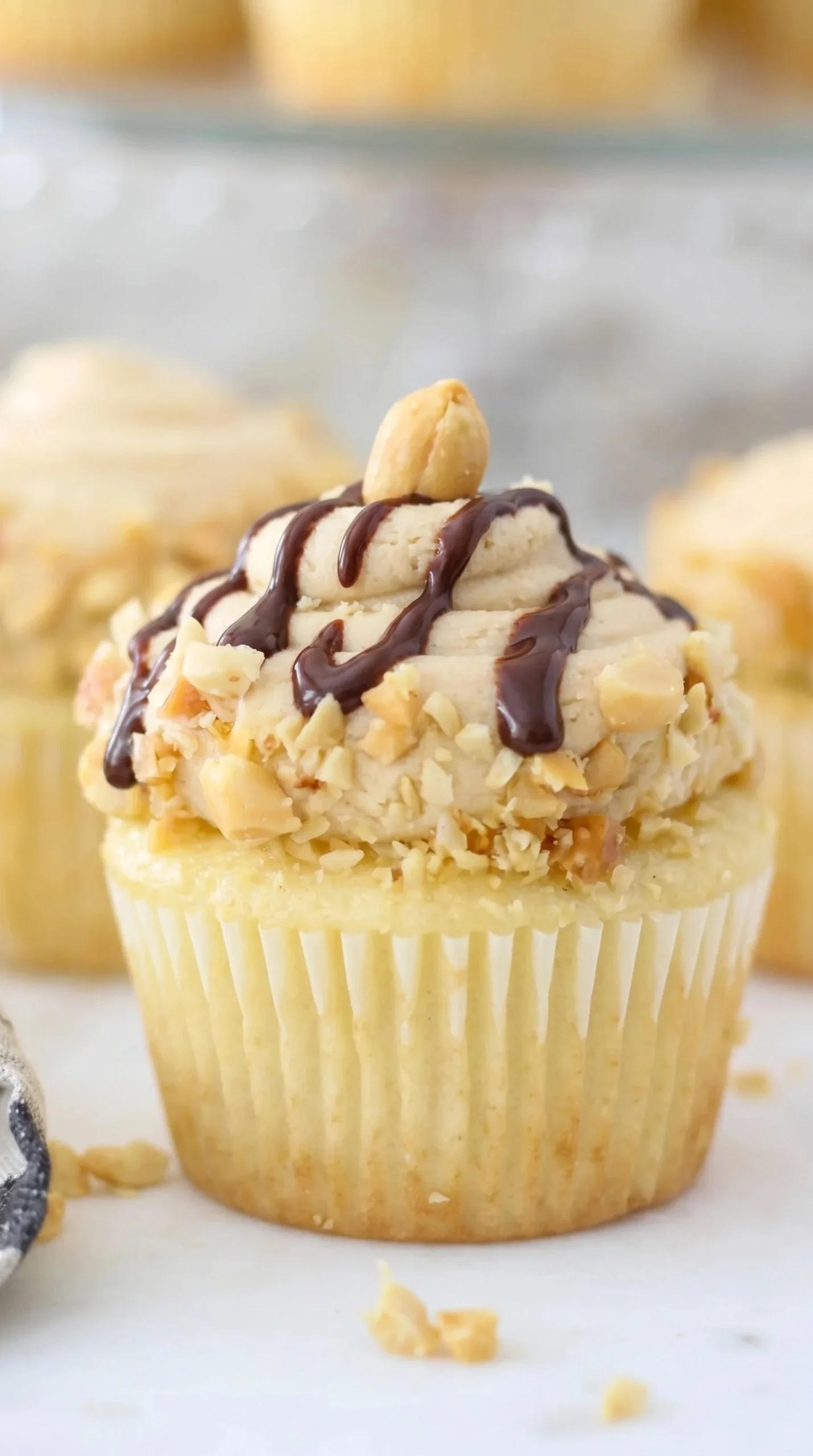 Delicious Peanut Butter Marshmallow Cupcakes topped with fluffy marshmallow.