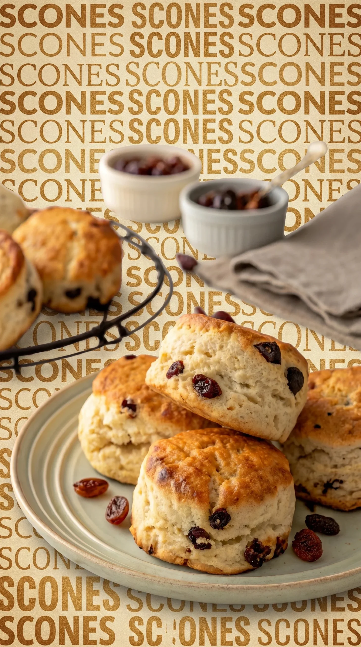 Perfectly fluffy raisin scones served on a plate with butter