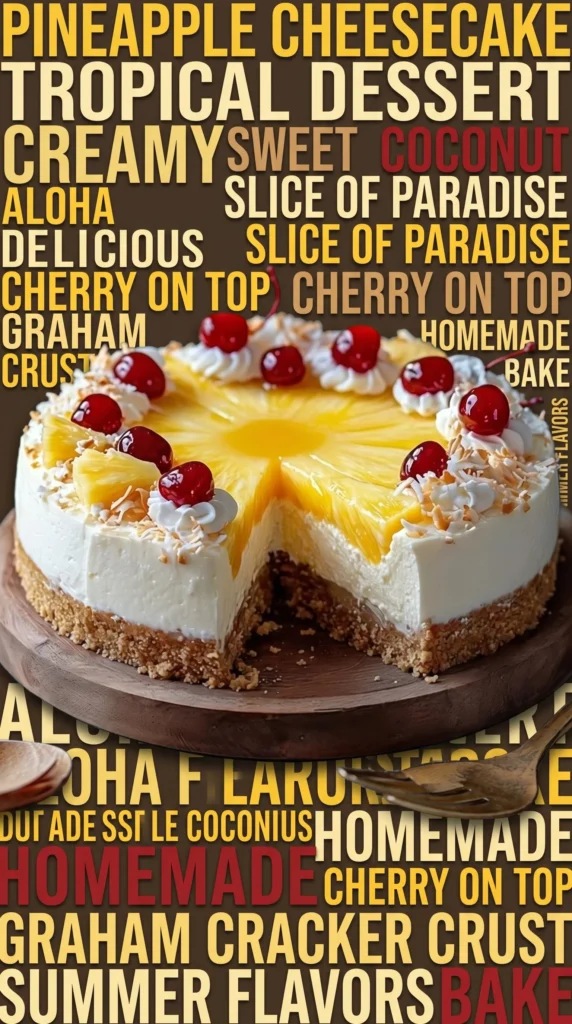 Delicious Pineapple Coconut Cheesecake topped with pineapple slices and coconut flakes.