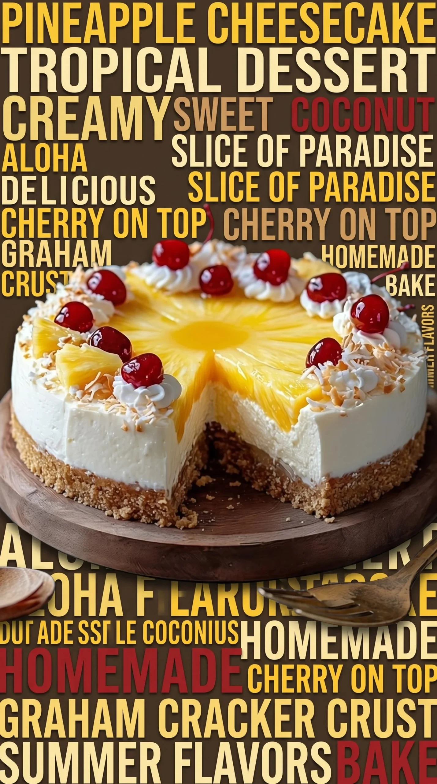Delicious Pineapple Coconut Cheesecake topped with pineapple slices and coconut flakes.