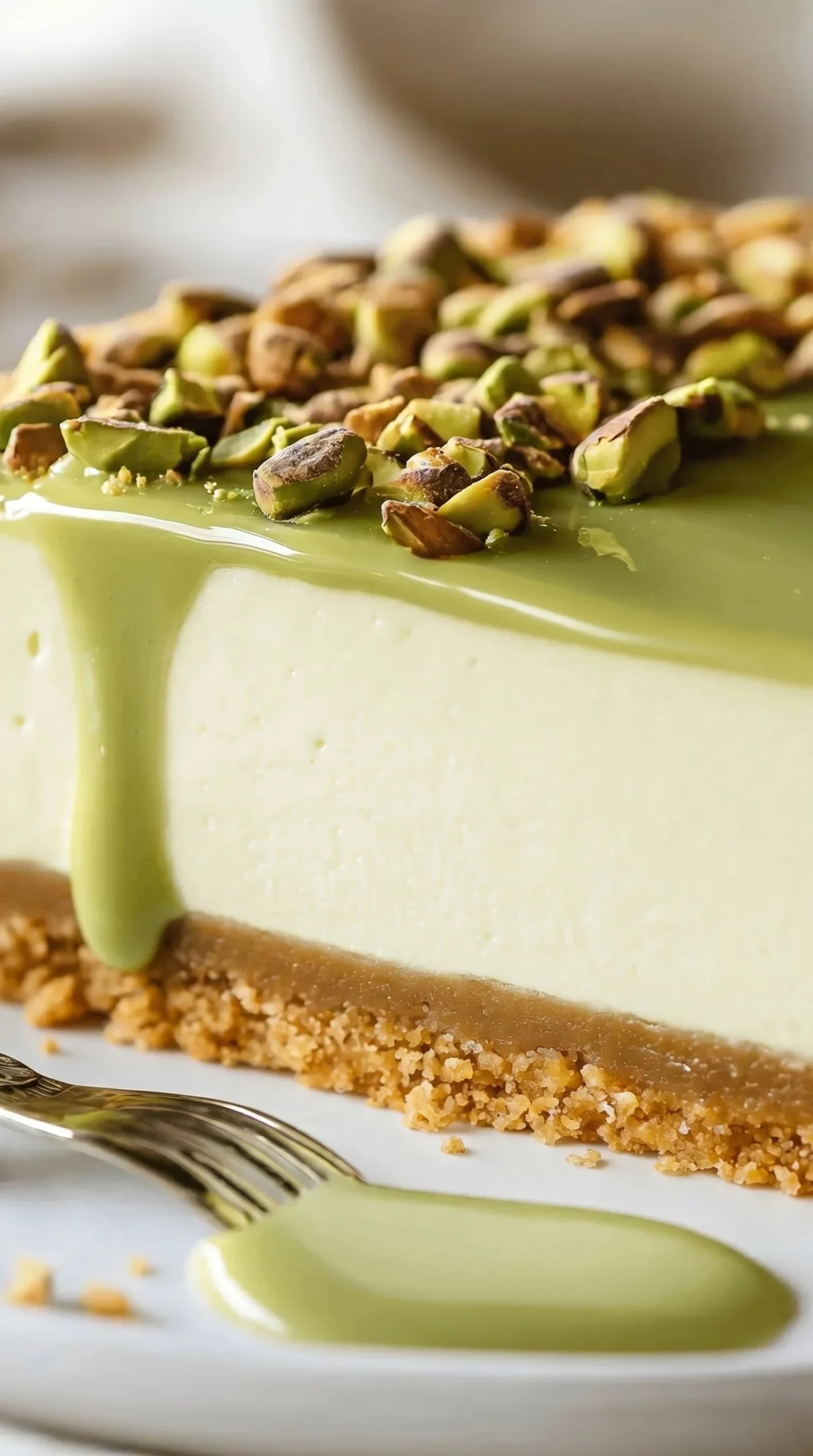Slice of Pistachio Cream Cheesecake with a sprinkle of crushed pistachios on top.