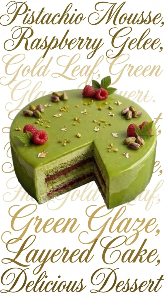 A stunning Pistachio Opera Cake with layers of pistachio cream and chocolate ganache.