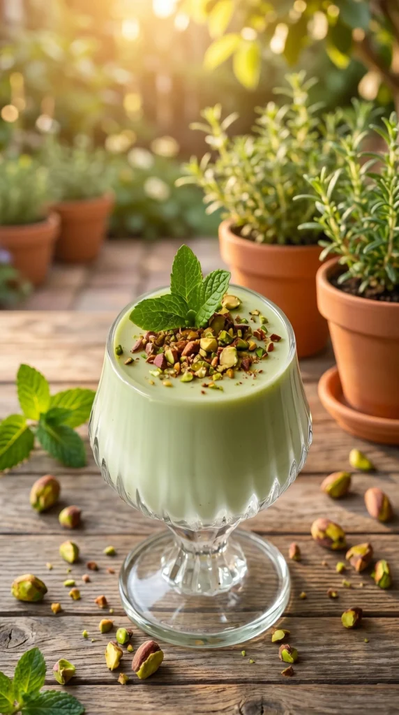 Delicious Pistachio Panna Cotta served in a dessert bowl.