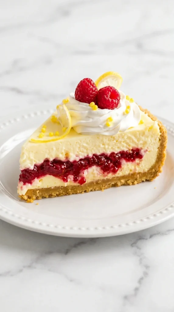 Delicious slice of Raspberry Cheesecake with Pudding on a white plate