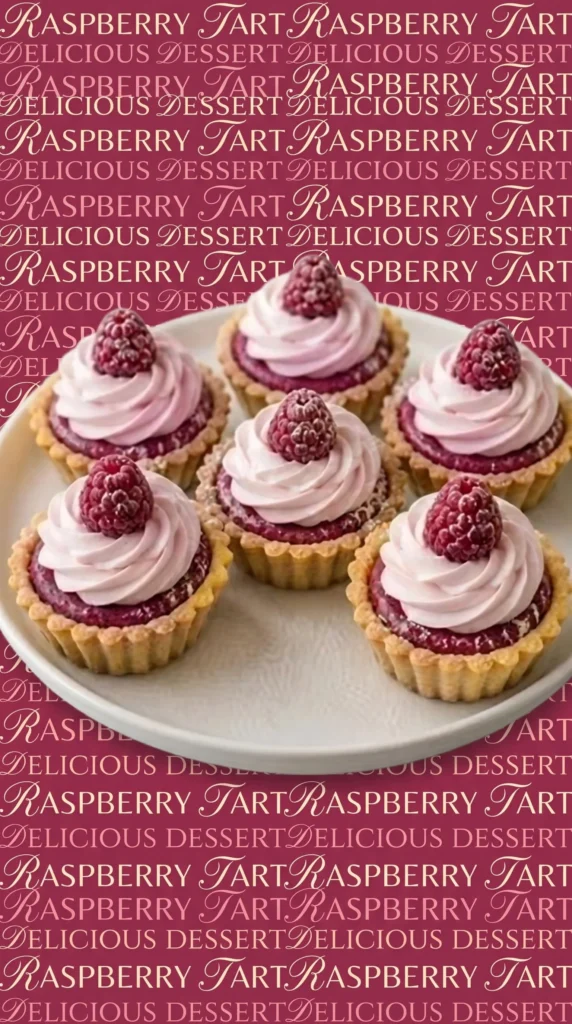 Delicious raspberry cream tartlets topped with fresh raspberries and cream.