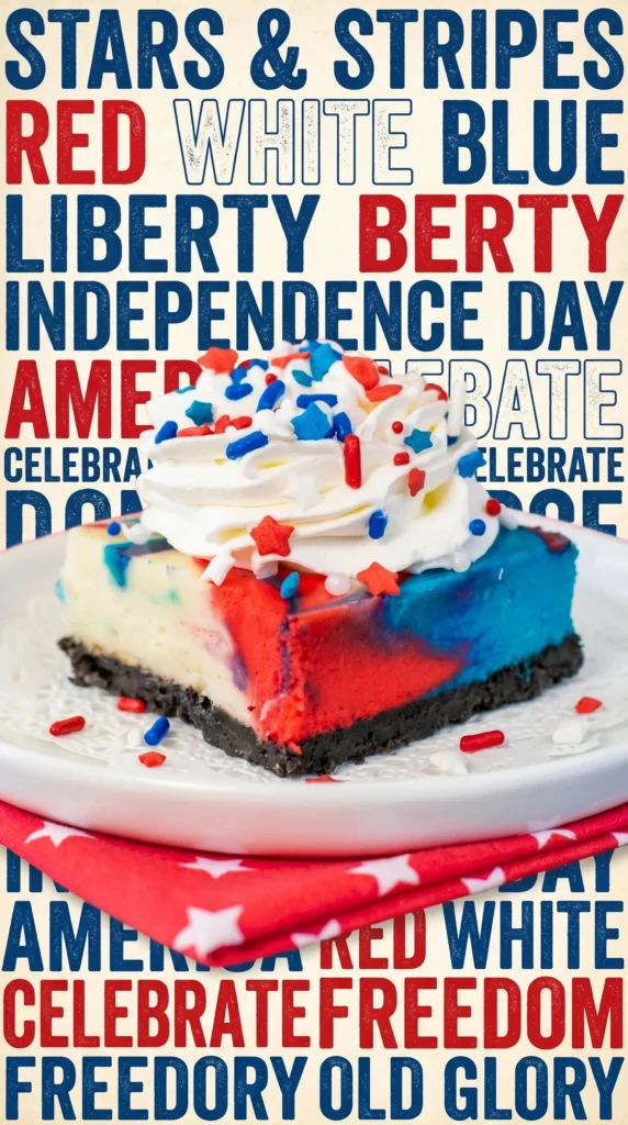 Red White and Blue Cheesecake Bars with berries on a white plate