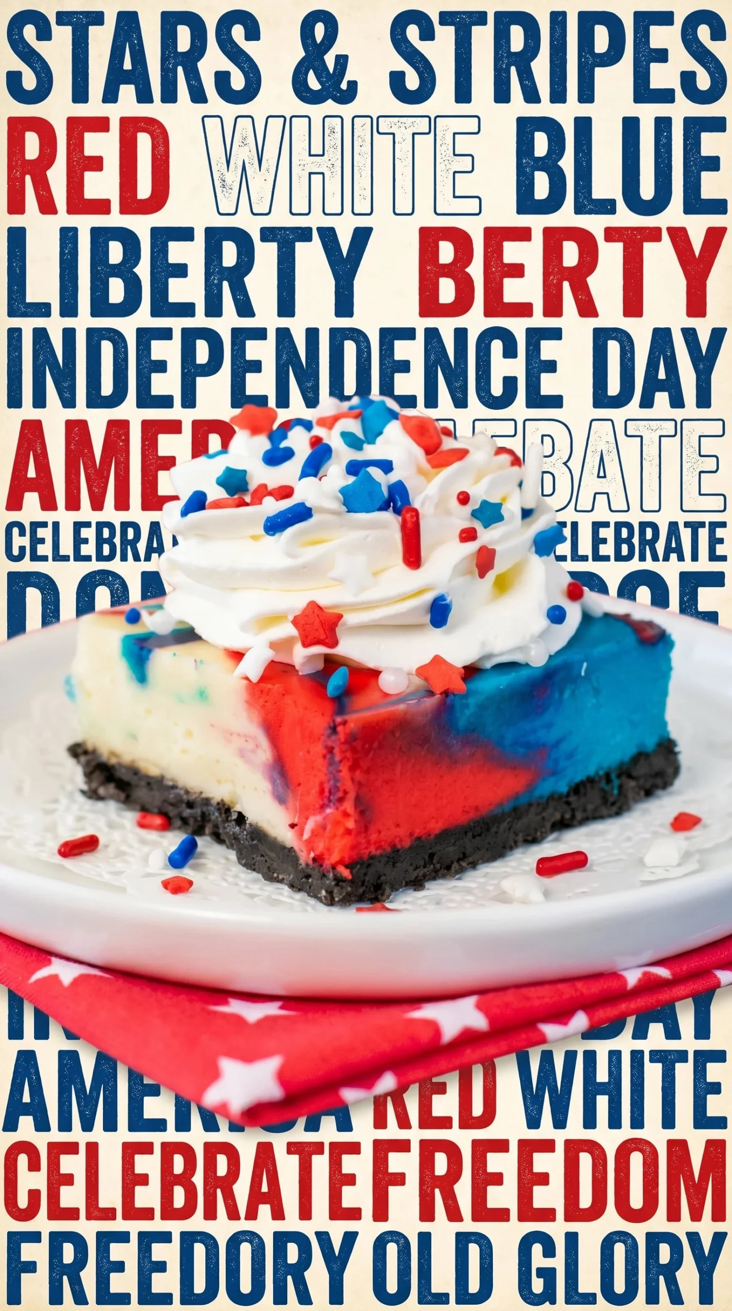 Red White and Blue Cheesecake Bars with berries on a white plate