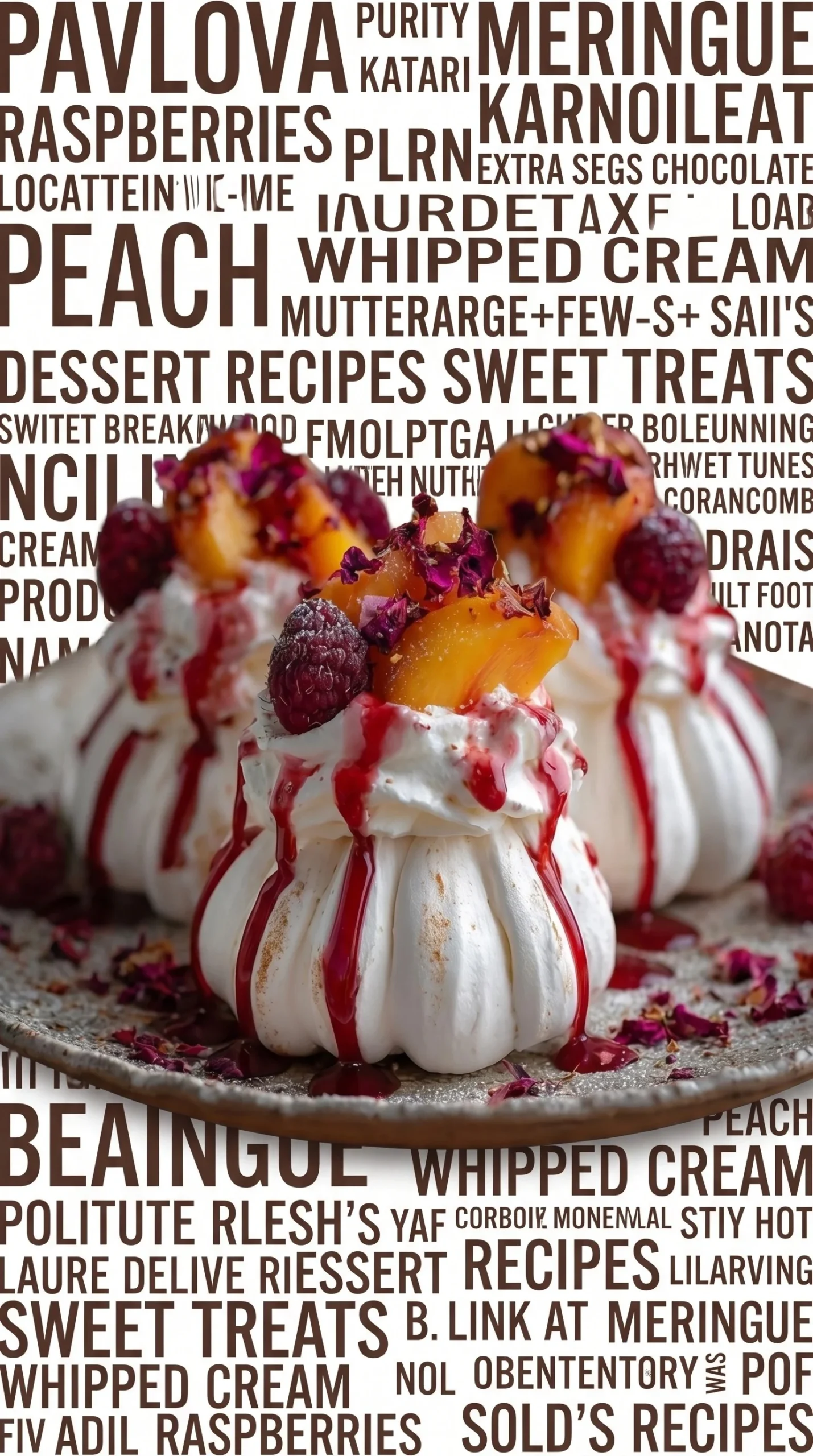 Ruby peach hibiscus pavlova bombs with vanilla silk cream served on a plate.