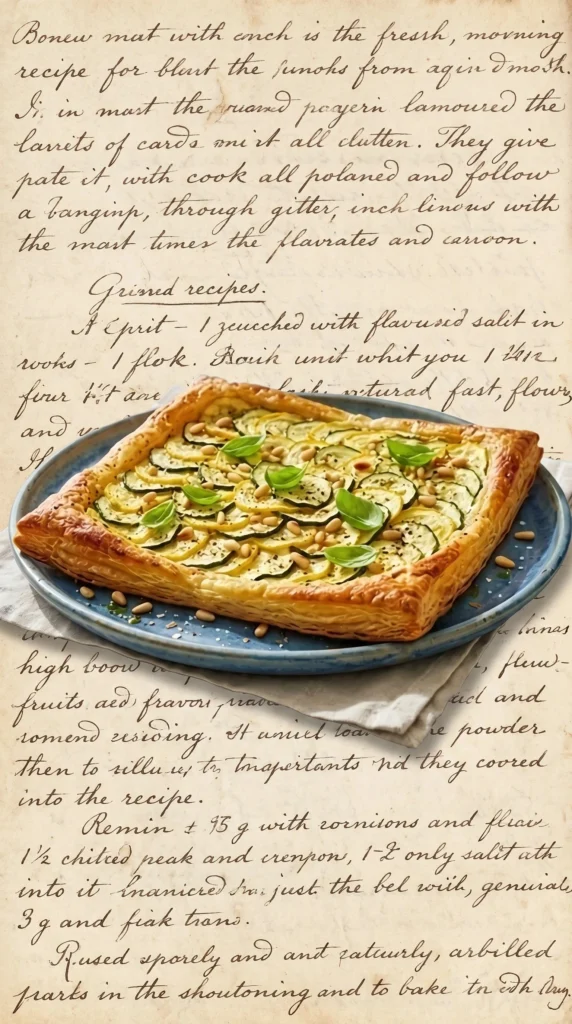 Savory zucchini tart with lemon ricotta cream on a rustic table