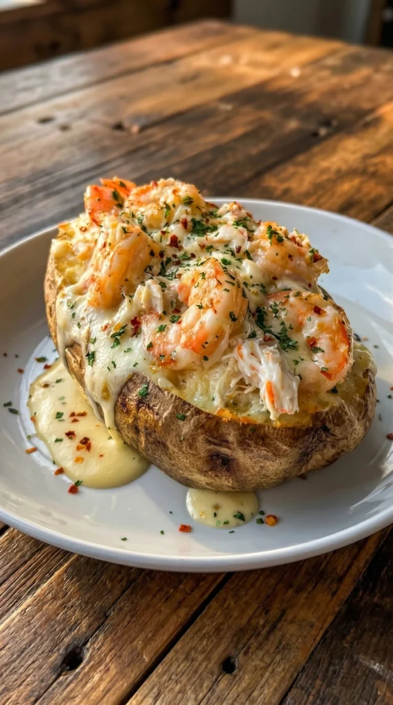 Delicious shrimp and crab stuffed baked potato on a plate