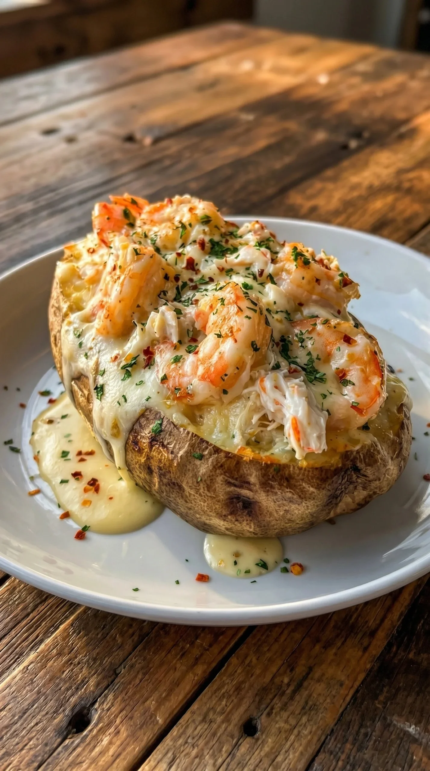 Delicious shrimp and crab stuffed baked potato on a plate