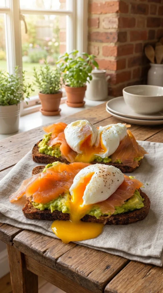 Smoked salmon and poached egg on toasted bread topped with herbs