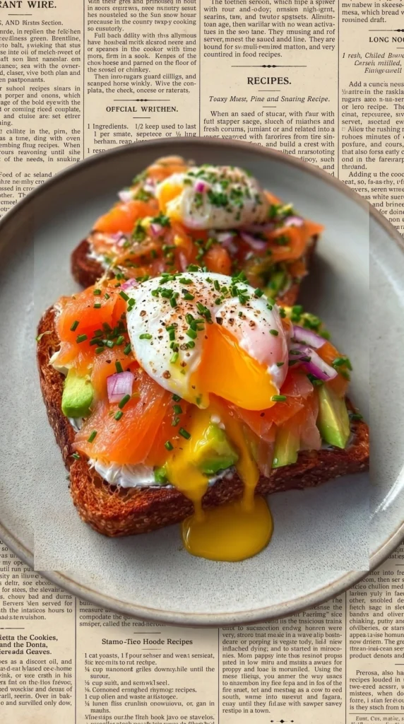 Smoked salmon poached egg toast topped with herbs on whole grain bread