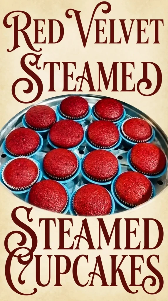 Steamed red velvet cupcake with cream cheese frosting on a rustic plate.