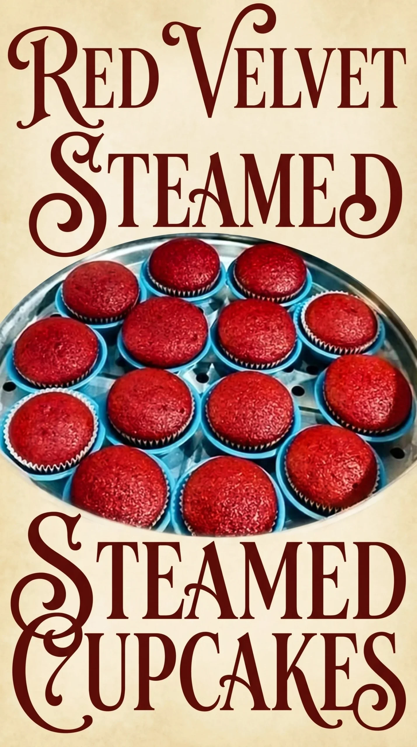 Steamed red velvet cupcake with cream cheese frosting on a rustic plate.