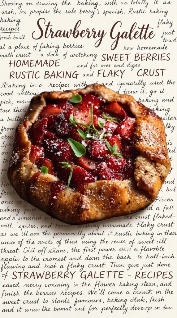 Strawberry Black Pepper Galette topped with mascarpone snow on a rustic plate