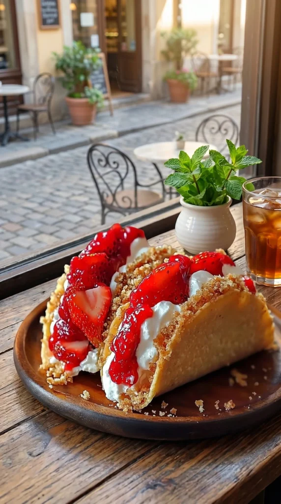 Strawberry Crunch Cheesecake Tacos with fresh strawberries and crunchy toppings
