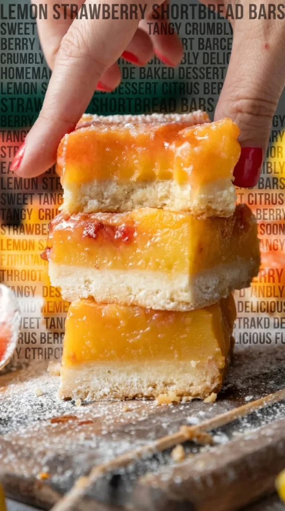 Delicious strawberry lemon bars freshly baked and topped with powdered sugar.