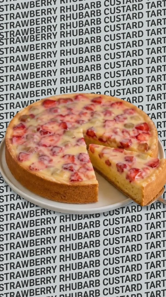 Homemade Strawberry Rhubarb Cake topped with fresh strawberries.
