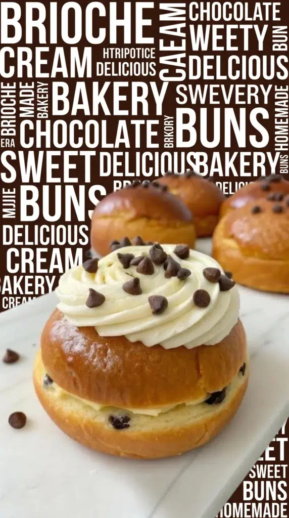 Delicious stuffed brioche with Chantilly cream and chocolate chips on a plate
