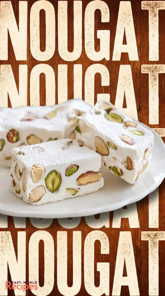 Homemade traditional Italian Torrone nougat with nuts on a decorative plate.