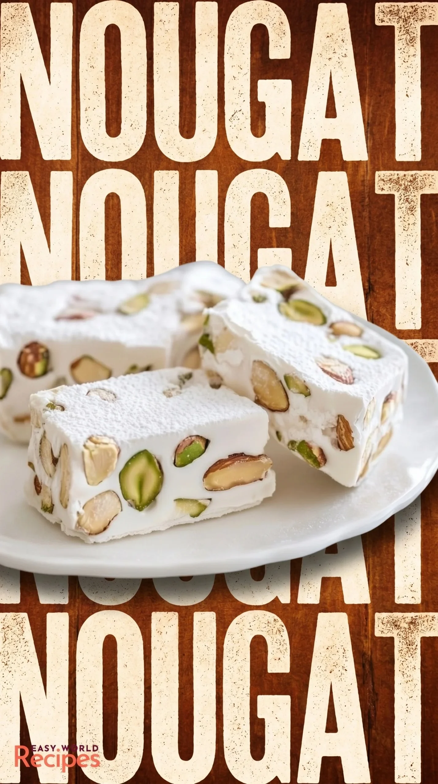 Homemade traditional Italian Torrone nougat with nuts on a decorative plate.