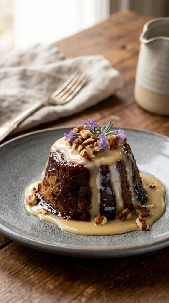 Traditional plum pudding dessert with brandy butter sauce