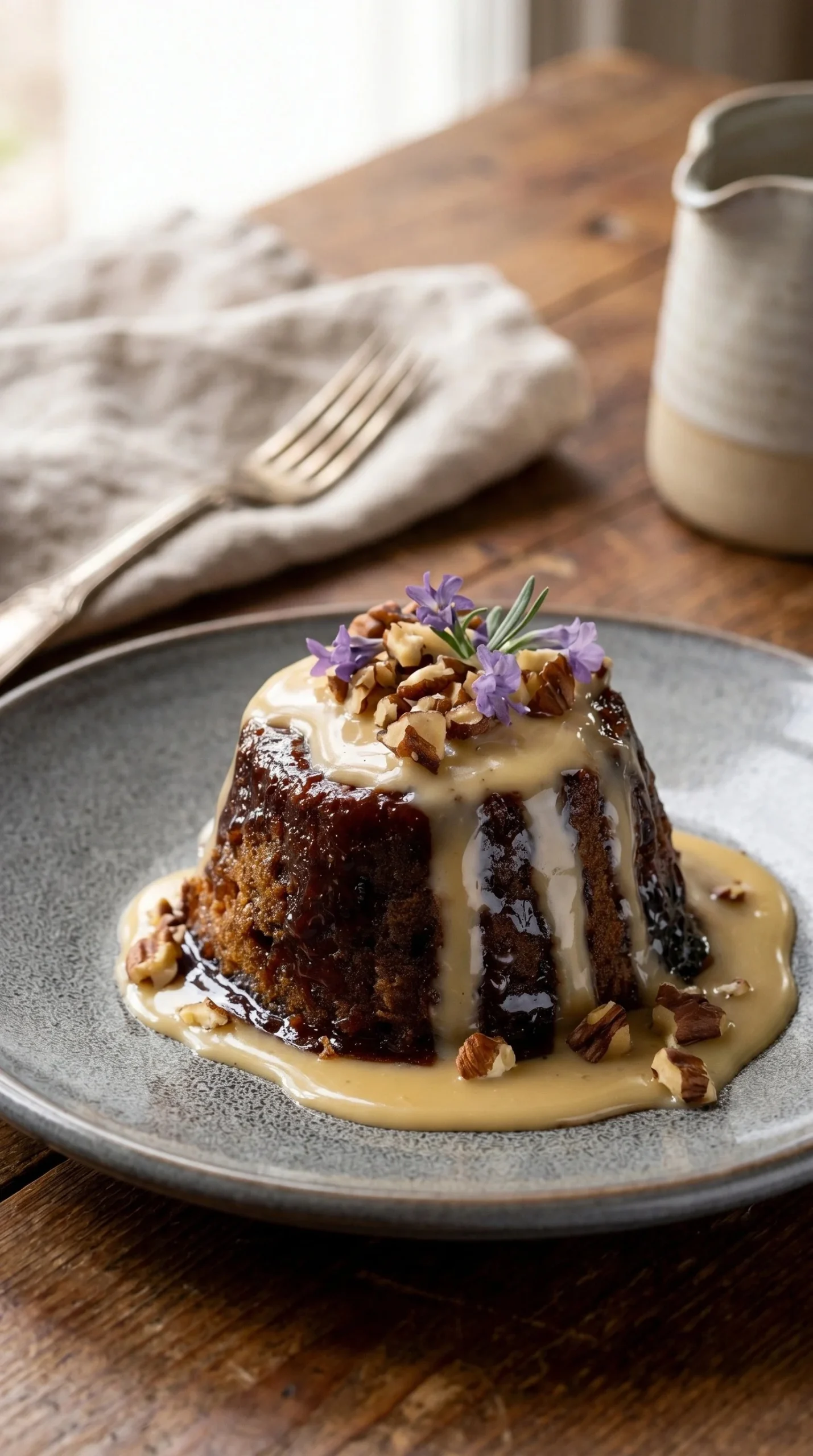 Traditional plum pudding dessert with brandy butter sauce