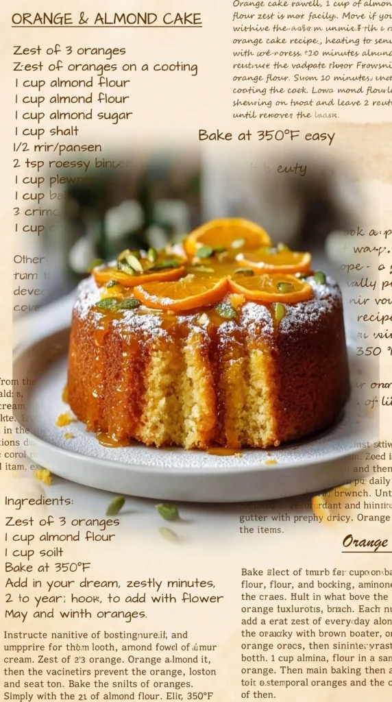 Delicious Almond and Orange Flourless Cake sliced on a white dessert plate
