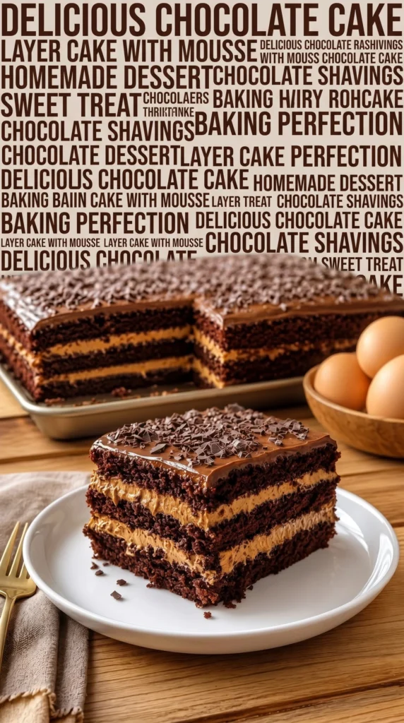 Delicious chocolate cream slices topped with rich chocolate cream.