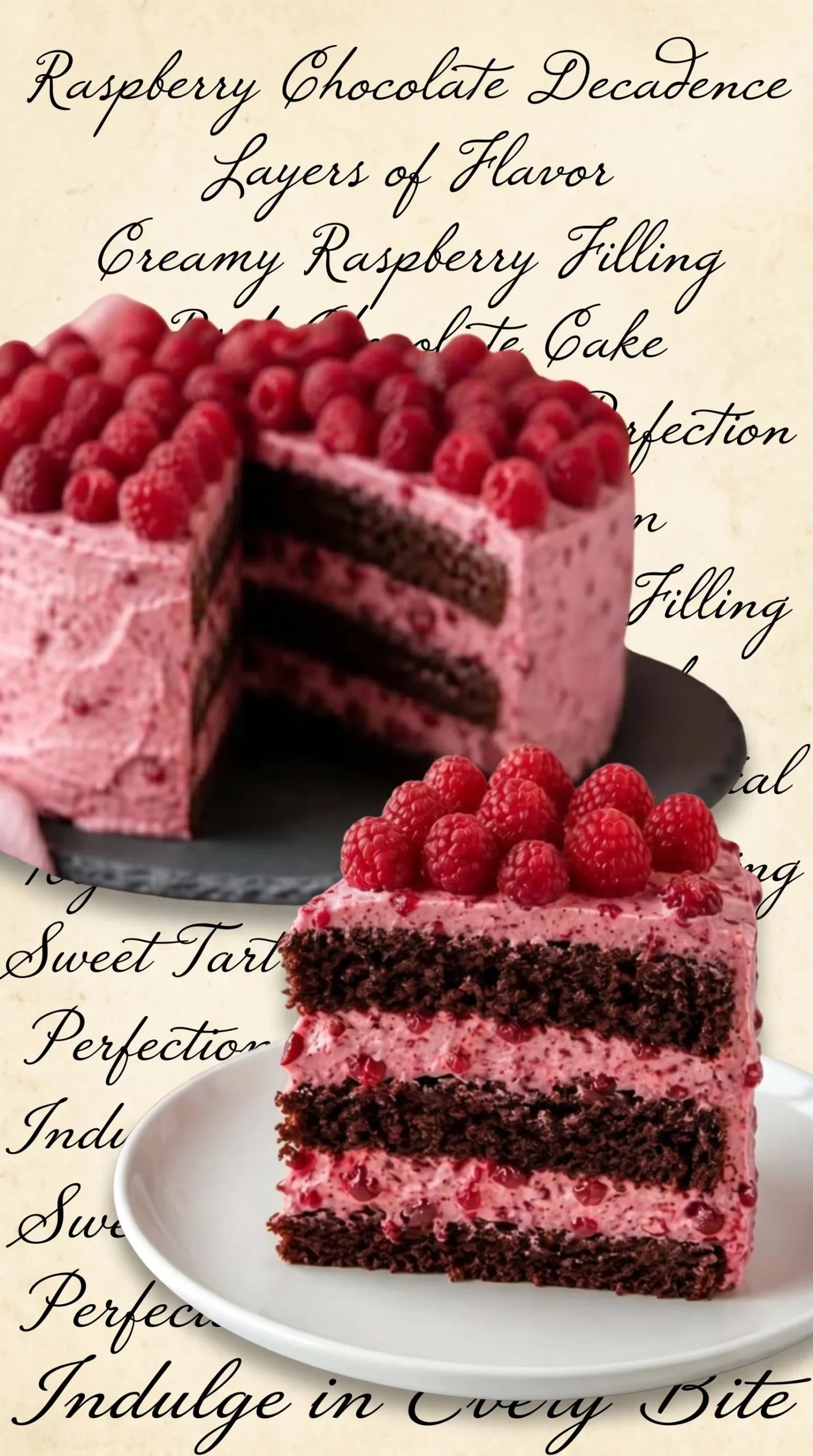 Delicious Chocolate-Raspberry Cake topped with fresh raspberries and chocolate shavings.