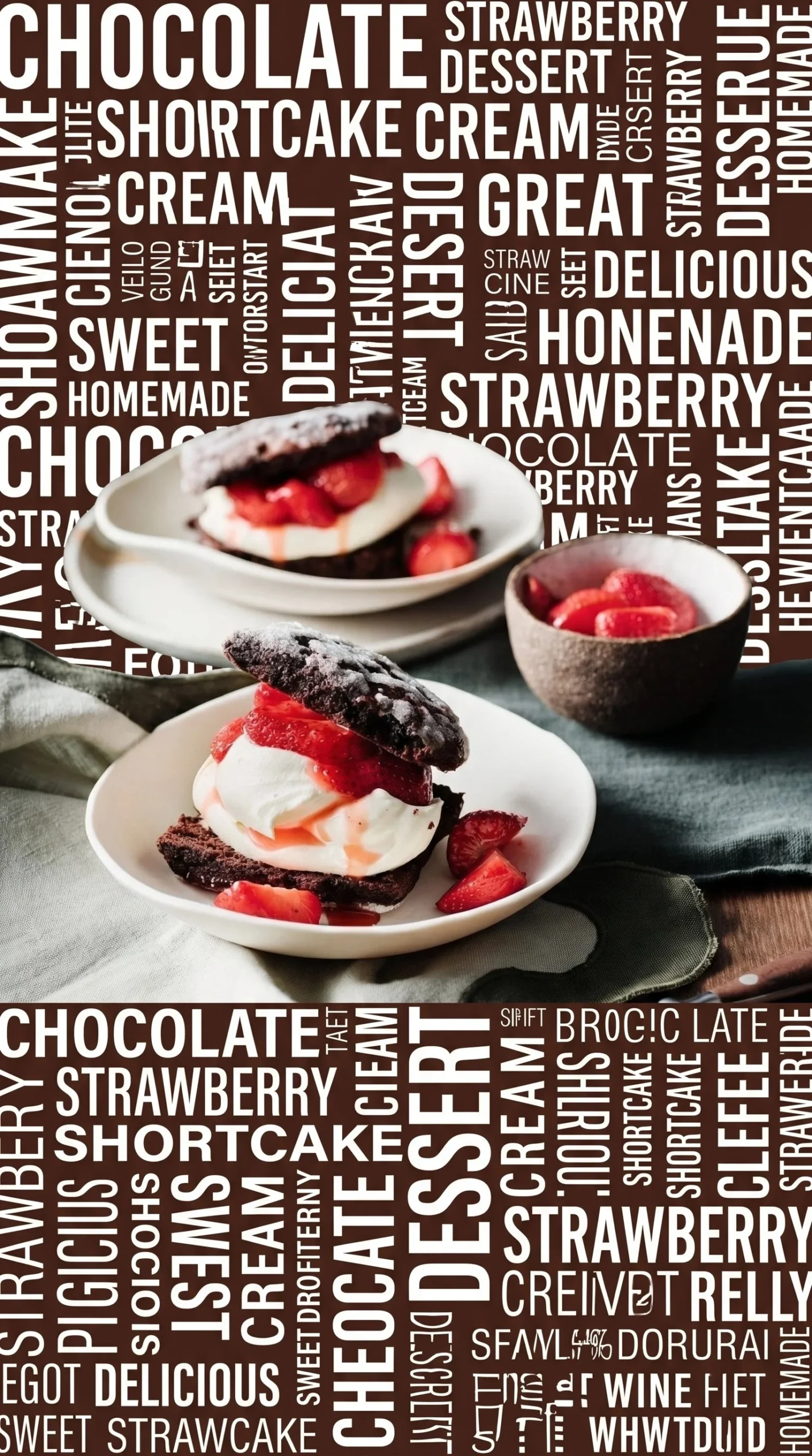 Delicious chocolate shortcakes served with strawberries and whipped cream