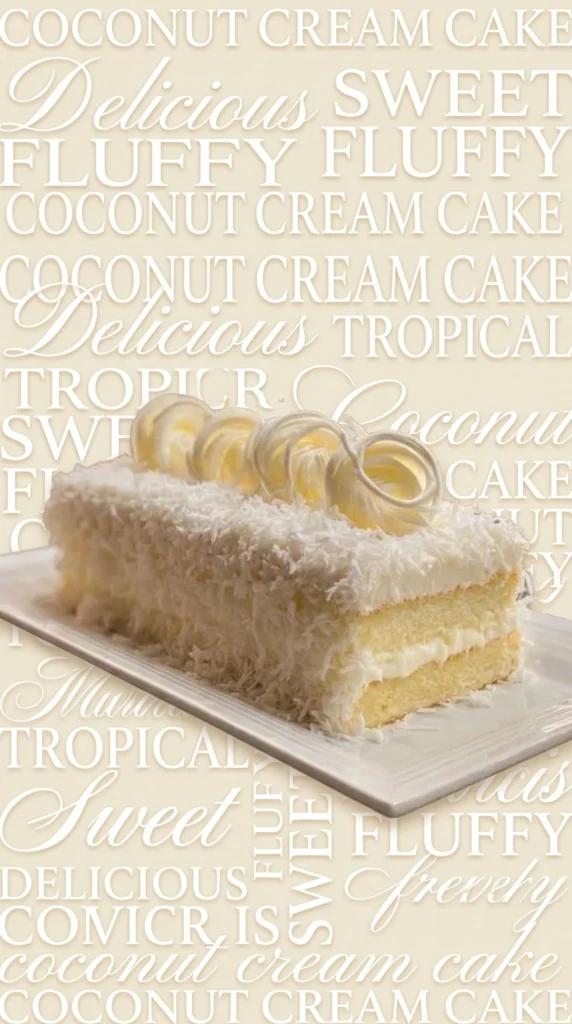Coconut White Chocolate Mousse Cake topped with coconut flakes and white chocolate