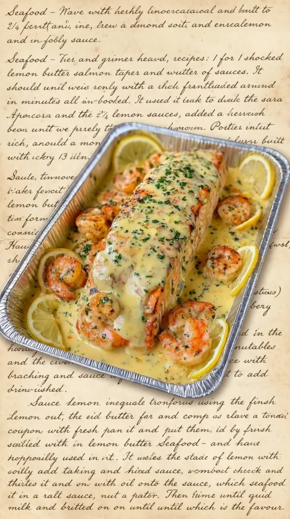 Creamy lemon garlic shrimp and salmon bake topped with herbs and spices