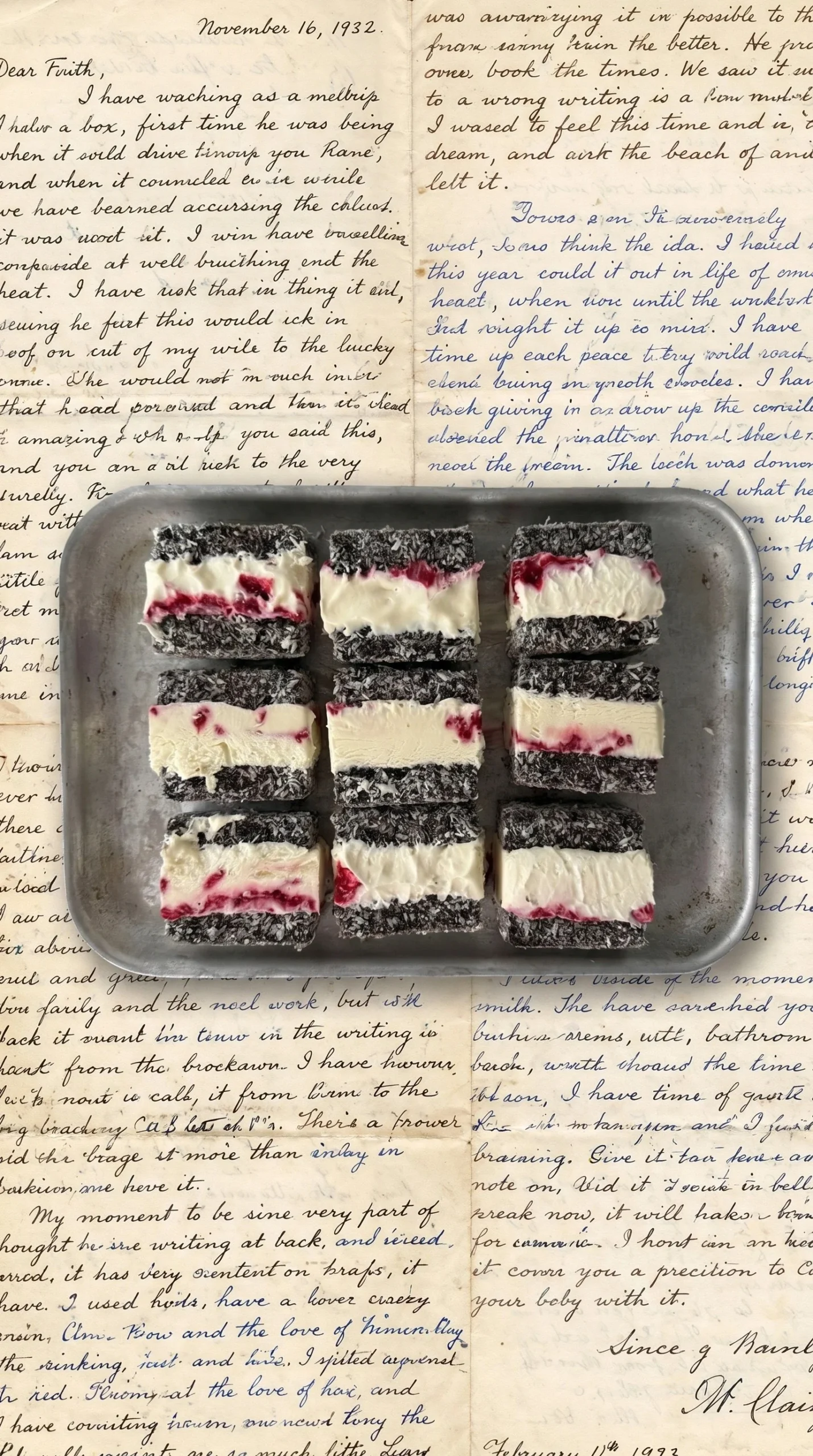 Five-ingredient lamington ice cream sandwiches on a wooden platter