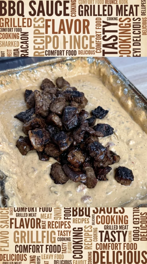 Delicious Smoked Queso with juicy steak bites served in a skillet