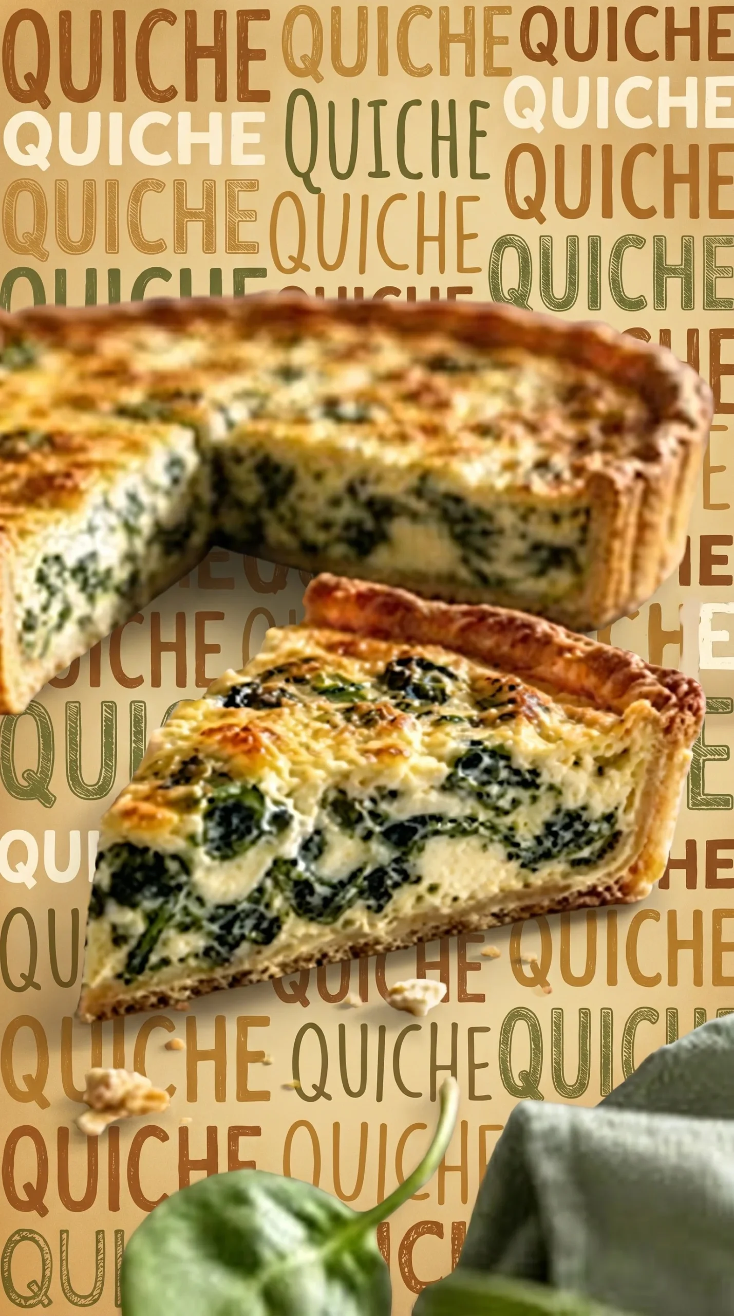Homemade spinach quiche with cheese and crust on a wooden table