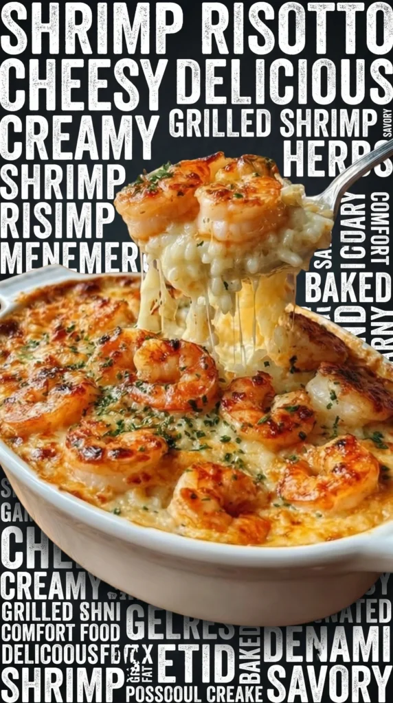 Cheesy garlic shrimp rice bake in a baking dish, topped with cheese and herbs.