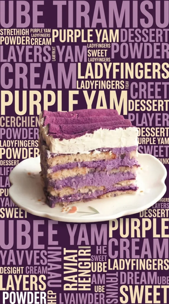 Vegan Purple Yam Tiramisu dessert layered with creamy filling and topped with cocoa