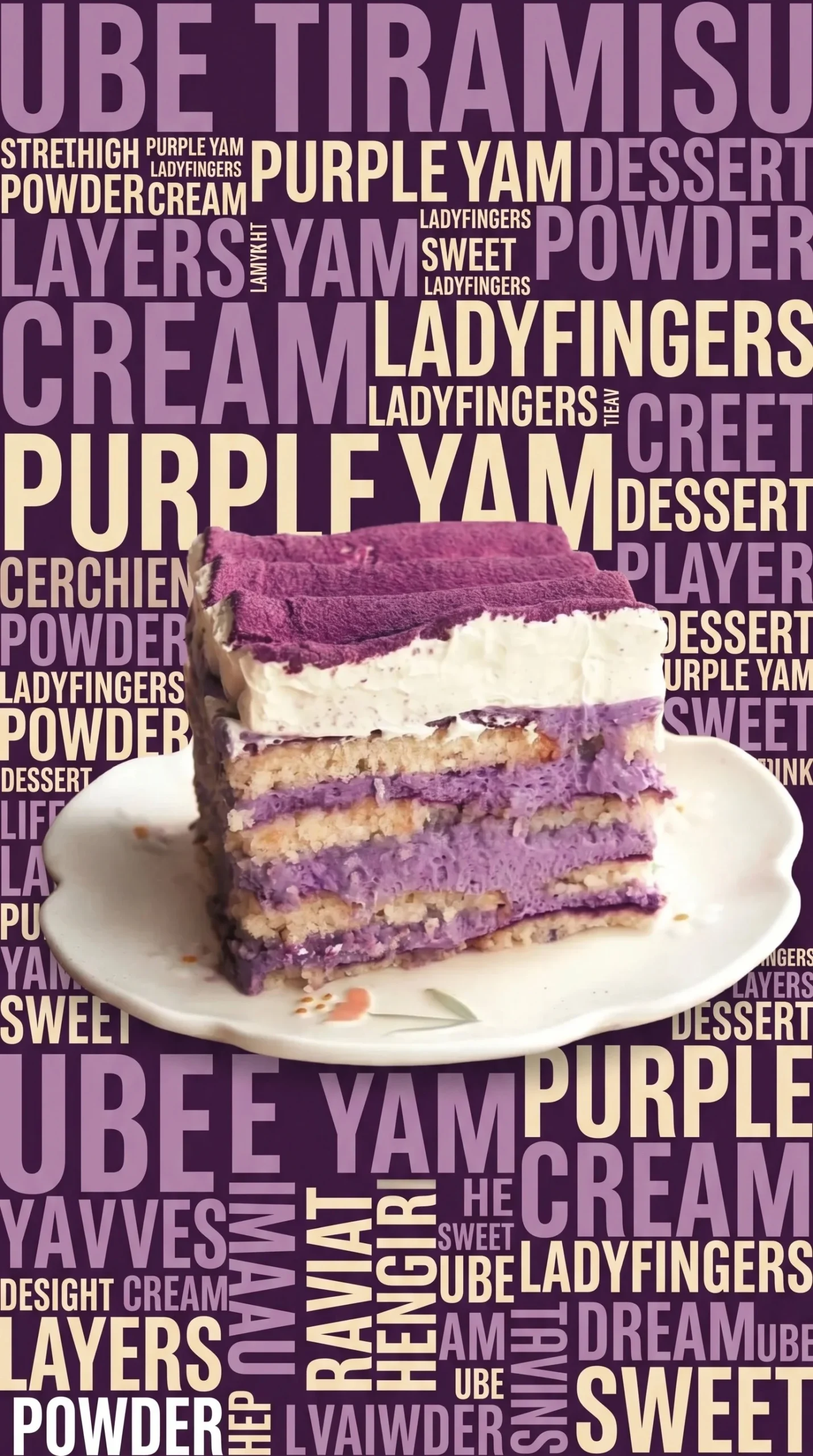 Vegan Purple Yam Tiramisu dessert layered with creamy filling and topped with cocoa